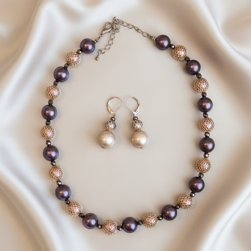 Premier Designs Jewelry Set Faux Pearl Necklace Earrings Vintage Matching Set